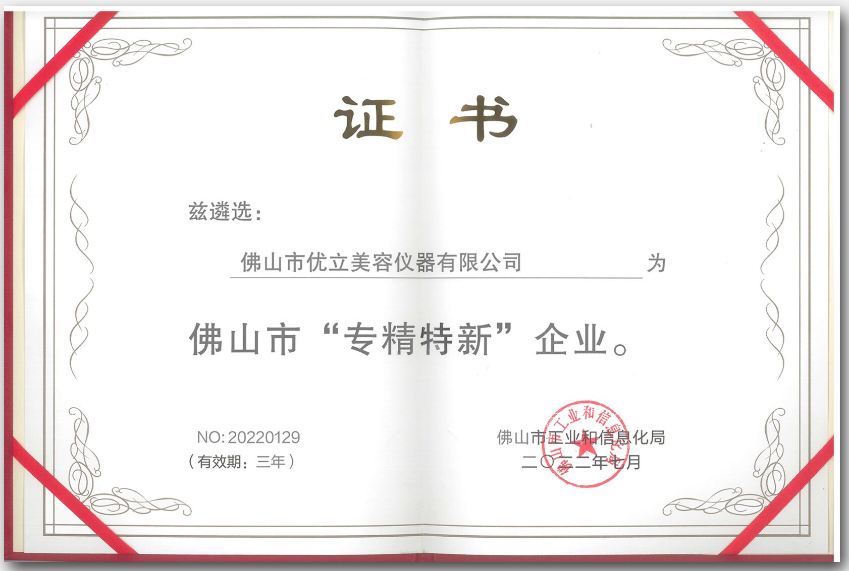 佛山市专精特新企业证书